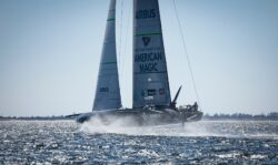 American Magic hydrofoil boat on the water