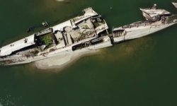Exposed warship in Danube from above