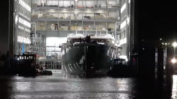Jeff Bezos' $500m superyacht Koru leaving shipyard at night