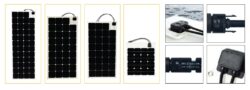 Array of different sized solar panels and connectors.