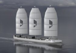 Rendered image of shipping vessel laden with containers, with three raised sails.
