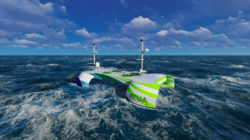 Green and white vessel on rough sea