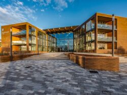 Large glass and brick office. The UKHO headquarters.