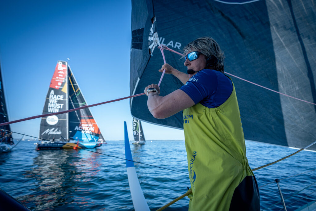 Abby Ehler assists the unfurl and trim of the J0 on the start line of Leg 6.
© Georgia Schofield | polaRYSE / Holcim - PRB / The Ocean Race