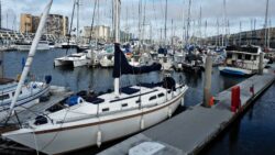 A north-to-east view from a boat slip in Marina del Rey's Basin E; Marina City Club is the left-most building, with the Ritz-Carlton Marina del Rey second from left. This photo depicts the original wood and canvas docks at Wayfarer Marina, replaced in 2019 by new concrete docks.