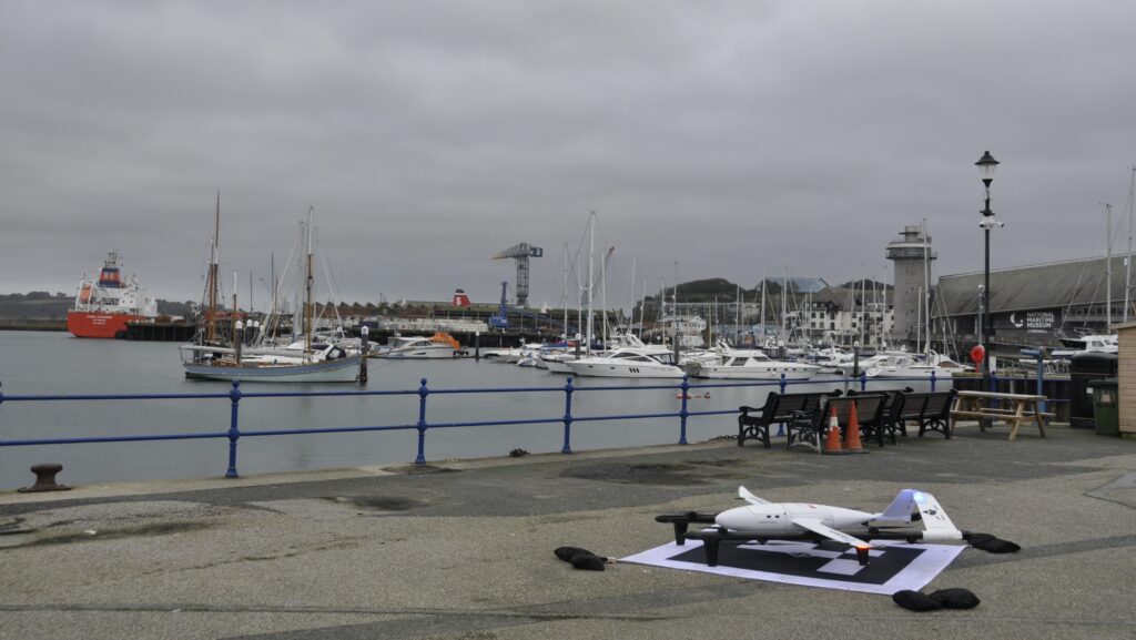 drone on quayside at Falmouth Harbour