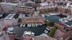 An aerial shot of the Swan Court at St Katharine Docks Marina