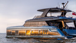 60 foot Sunreef catamran with golden light hitting amidships