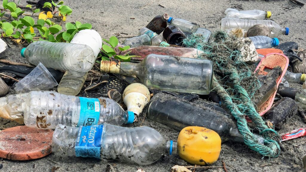 Marine plastic waste on beach.
