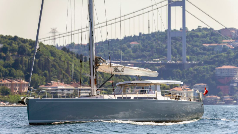 Mishi 88 yacht under power in front of bridge