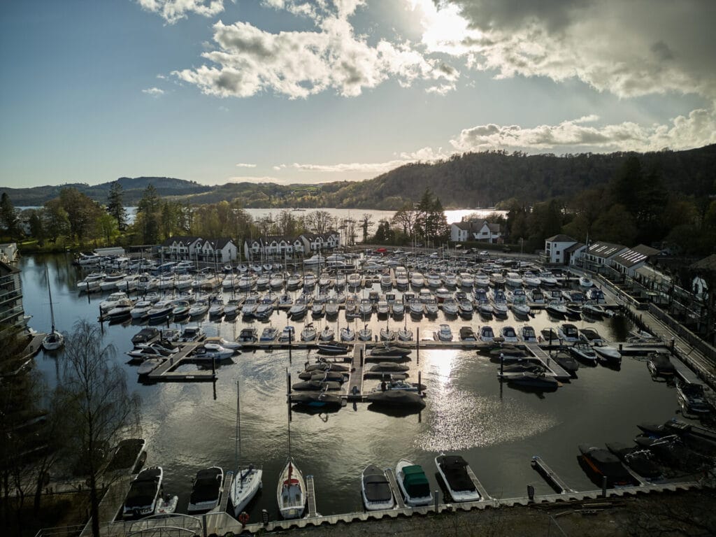Aerial shot of Windereme Marina and pontoons