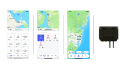 screen shots of telematics tool on phone and black box hub used to control data and systems