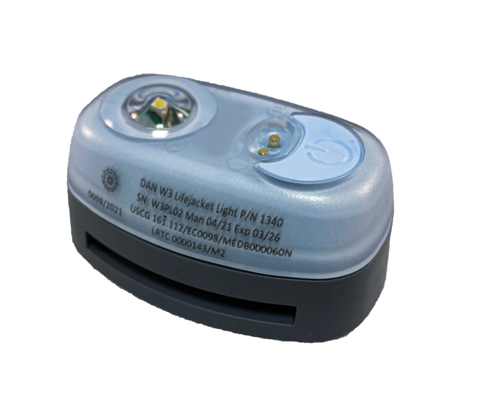 A grey / blue lifejacket light made by Daniamant